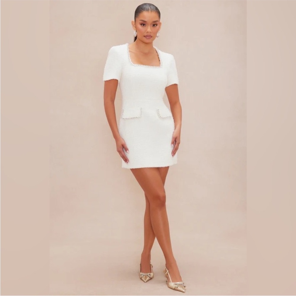 Fashion Nova White Square Tweed Neck Dress NWT Kentucky Derby